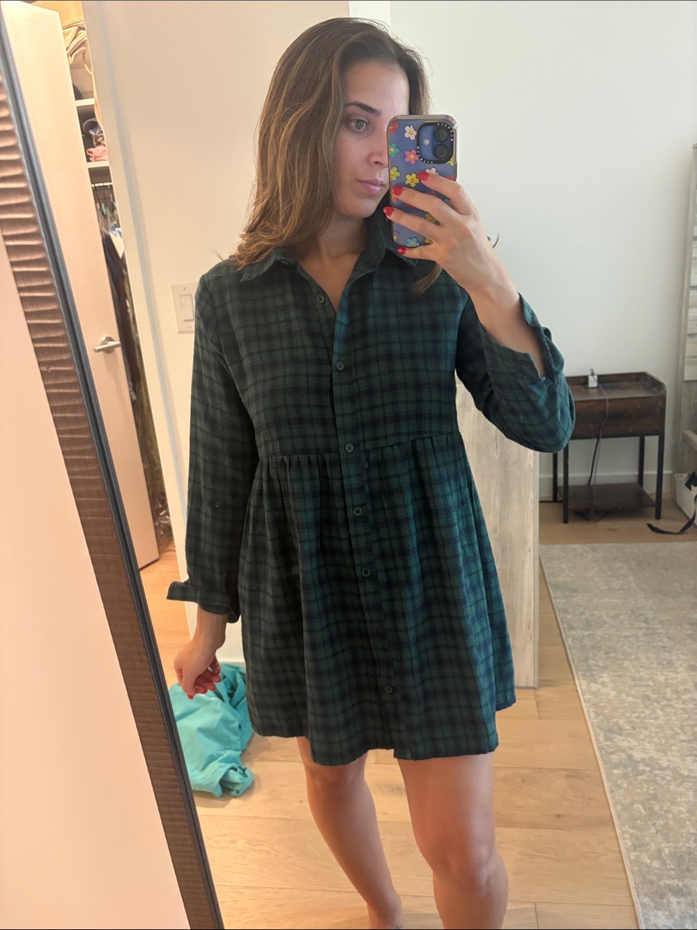 Nasty Gal Dark Green Plaid Button-Front Mini Dress